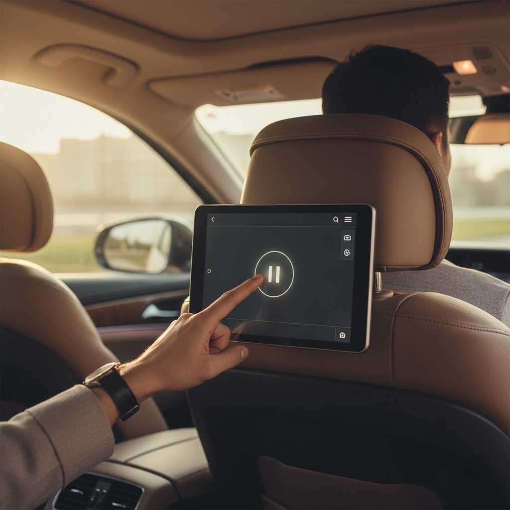 Passenger pausing a tablet-mounted Connecta Mobility experience during a calm ride.