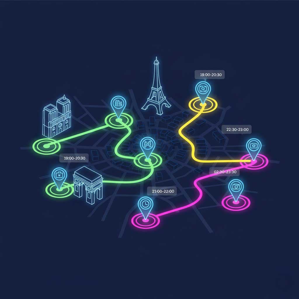Illustrated city grid with geo-zones and time slots for Connecta Mobility targeting.